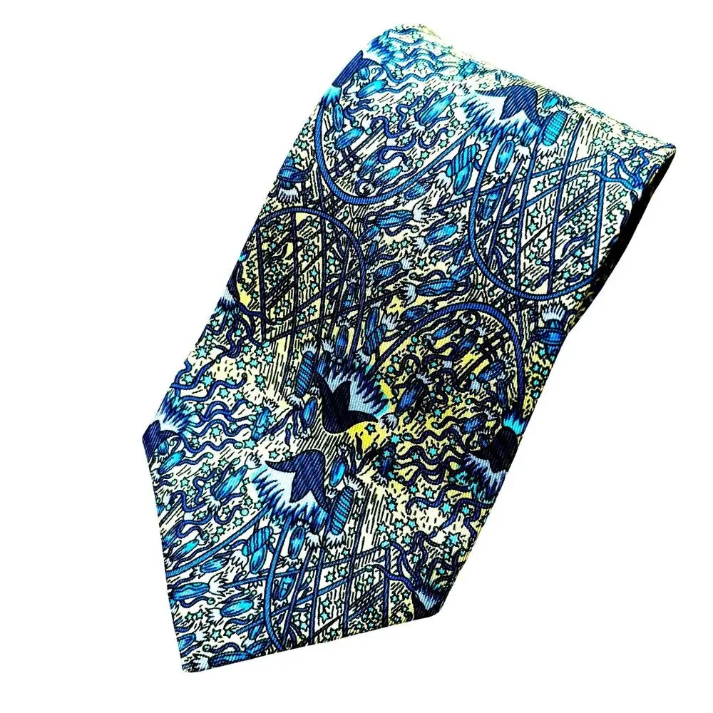 Classic Hermes Paris silk neck tie 7048-TA yellow blue Fireworks Feux d'Artifice